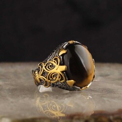 خاتم رجالي من الفضة الإسترليني عيار 925 مع حجر عين النمر مطلي بالروديوم - مجوهرات في آي بي