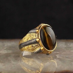 925 Sterling Silver Men's Ring With Rhodium Plated Tiger's Eye Stone - Vip Jewelry