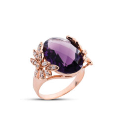 Flower Garden Amethyst Stone Rose Silver Ring - Vip Jewelry