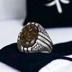 Fossil Drop Amber Stone Men's Silver Ring - Vip Jewelry
