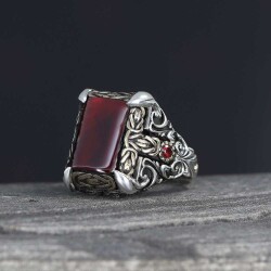 Patterned Model Red Agate Stone 925 Sterling Silver Men's Ring - Vip Jewelry