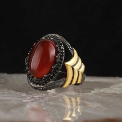 Rhodium Plated Agate Stone Men's Silver Ring - Vip Jewelry
