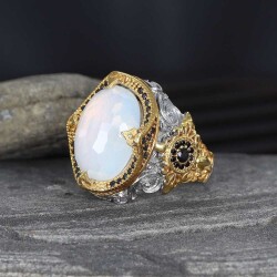 Rhodium Plated Moonstone 925 Sterling Silver Men's Ring - Vip Jewelry