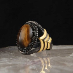 Rhodium Plated Tiger Eye Stone Men's Silver Ring - Vip Jewelry