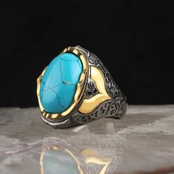 Rhodium Plated Turquoise Stone Men's Silver Ring - Vip Jewelry