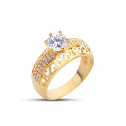 S Motif Solitaire Gold Color Silver Ring - Vip Jewelry
