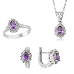 Silver Drop Model Purple Stone Women's Ring Necklace Earring Set - Vip Jewelry