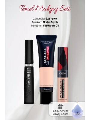Loreal Paris 32H Matte Foundation 25, Than Concealer 323, Telescopic Lift Extra Black And Makeup Sponge Blue - 1