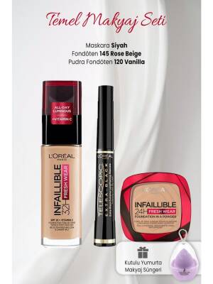 Loreal Paris Infaillible 32H Fresh Wear Foundation 145, Powder Foundation 120, Telescopic Carbon Black And Nascita Boxed Egg Makeup Sponge Lilac - 1