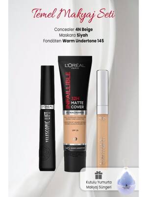 Loreal Paris Matte Foundation 145, True Concealer 4N, Telescopic Lift Black And Makeup Sponge Blue - 1