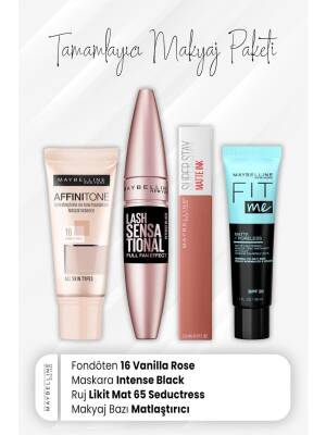 Maybelline New York Affinitone Foundation 16, Full Fan Mascara Intense Black, Matte Ink Lipstick 65 Seductress And Mattifying Base - 1