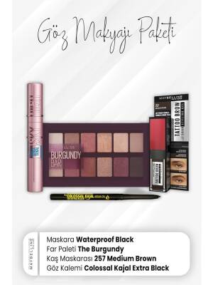 Maybelline New York Colossal Eye Pencil, Tatto Brow Mascara 257, Eyeshadow Palette Burgundy And Waterproof Mascara Black - 1