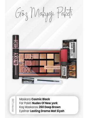 Maybelline New York Drama Eyeliner Matte Black, Tatto Brow Mascara 260, Eyeshadow Palette 010 And Sky High Mascara Cosmic Black - 1