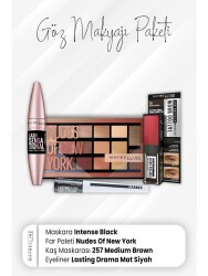 Maybelline New York Drama Eyeliner Matte Black, Tatto Brow Spoolie 257, Eyeshadow Palette 010 And Full Fan Mascara Intense Black - Vip Cosmetica