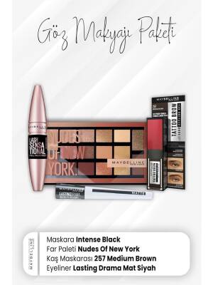 Maybelline New York Drama Eyeliner Matte Black, Tatto Brow Spoolie 257, Eyeshadow Palette 010 And Full Fan Mascara Intense Black - 1