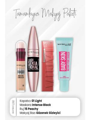 Maybelline New York Eraser Concealer 01, Full Fan Mascara Intense Black, Vinyl Ink Lipstick 15 Peachy And Makeup Base Baby - 1