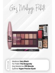 Maybelline New York Hyper Eyeliner Black, Tatto Eyebrow Dye 250, Eyeshadow Palette Burgundy And Full Fan Mascara Very Black - Vip Cosmetica
