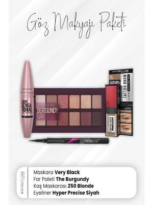 Maybelline New York Hyper Eyeliner Black, Tatto Eyebrow Dye 250, Eyeshadow Palette Burgundy And Full Fan Mascara Very Black - 1