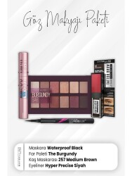 Maybelline New York Hyper Eyeliner Black, Tatto Eyebrow Mascara 257, Eyeshadow Palette Burgundy And Waterproof Mascara Black - Vip Cosmetica