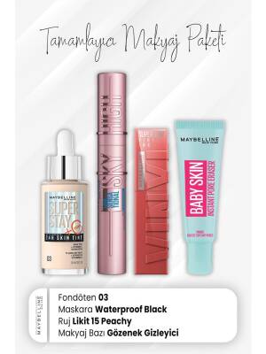 Maybelline New York Super Stay Foundation 03, Sky High Mascara Waterproof Black, Vinyl Ink Lipstick 15 Peachy And Makeup Base Pore Concealer - 1