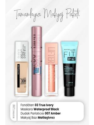 Maybelline New York Super Stay Foundation 03, Sky High Waterproof Mascara Black, Lip Gloss 007 Amber And Makeup Base Mattifier - 1