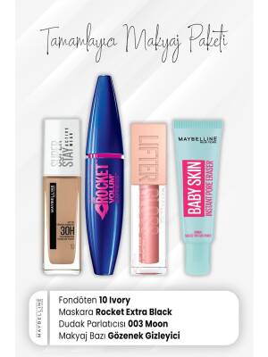 Maybelline New York Super Stay Foundation 10, Rocket Mascara Very Black, Lip Gloss 003 Moon And Makeup Base - 1